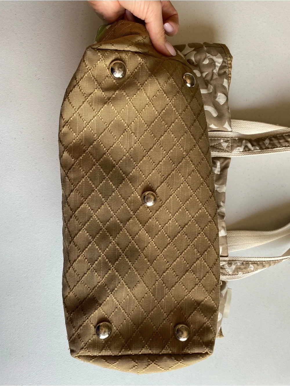 Berkshire Bags Tan & Green Cotton Knit Paisley Polka Dot Print Large Tote Purse